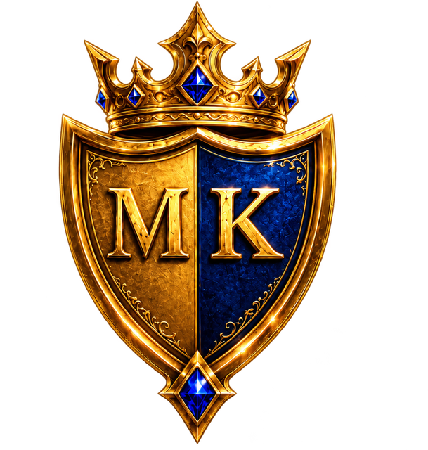 Meritking Action emblem: a golden crown over a gold and blue shield with the letters M and K